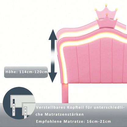 Polsterbett Kinderbett 90x200 cm, Mit Kronendesign, Mit LED-Beleuchtung, Hydraulisches Stauraumbett, Höhenverstellbares Kopfteil, Einzelhochboxbett mit Lattenrost, Kunstleder, Weiß