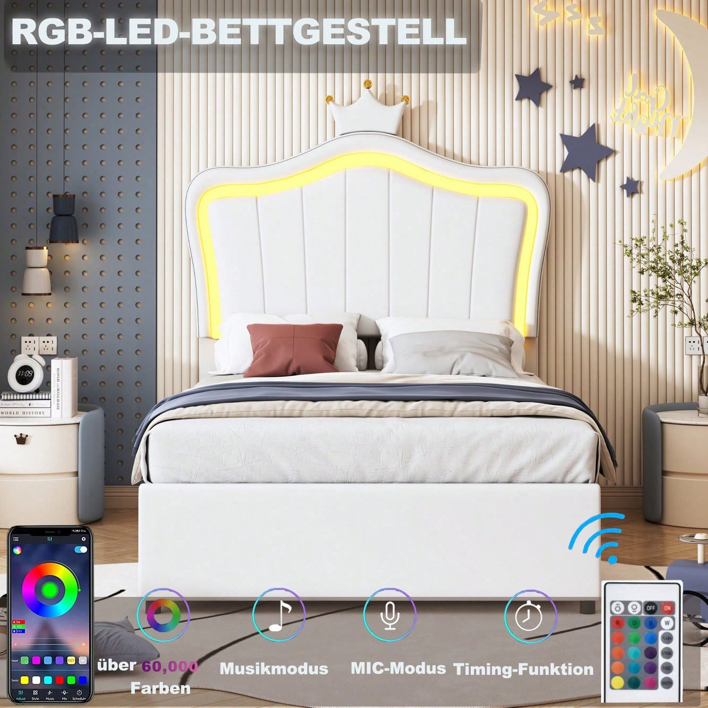 Polsterbett Kinderbett 90x200 cm, Mit Kronendesign, Mit LED-Beleuchtung, Hydraulisches Stauraumbett, Höhenverstellbares Kopfteil, Einzelhochboxbett mit Lattenrost, Kunstleder, Weiß