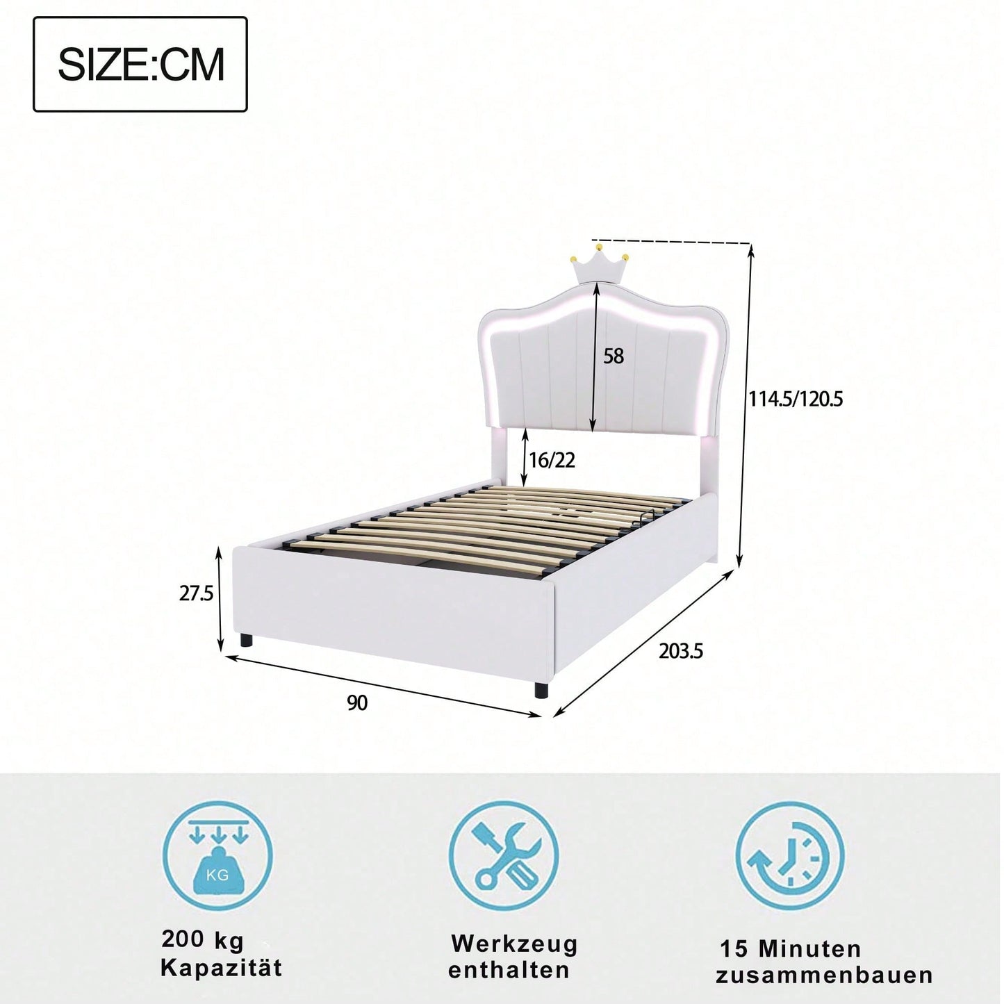 Polsterbett Kinderbett 90x200 cm, Mit Kronendesign, Mit LED-Beleuchtung, Hydraulisches Stauraumbett, Höhenverstellbares Kopfteil, Einzelhochboxbett mit Lattenrost, Kunstleder, Weiß