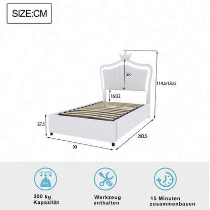 Polsterbett Kinderbett 90x200 cm, Mit Kronendesign, Mit LED-Beleuchtung, Hydraulisches Stauraumbett, Höhenverstellbares Kopfteil, Einzelhochboxbett mit Lattenrost, Kunstleder, Weiß