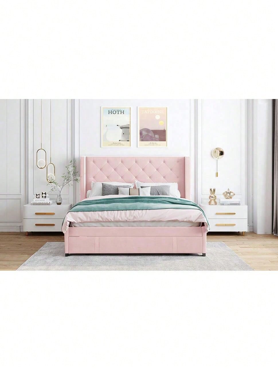 Polsterbett 140 x 200 cm, Doppelbett mit Lattenrost, Rückenlehne und großen Schubladen, Erwachsenen- und Jugenddoppelbett in Pro-Leinen-Stoff, Rosa