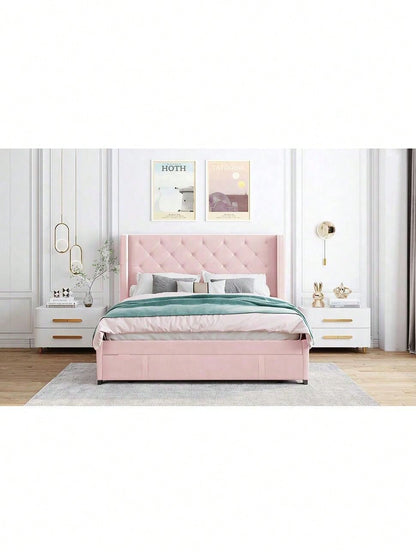 Polsterbett 140 x 200 cm, Doppelbett mit Lattenrost, Rückenlehne und großen Schubladen, Erwachsenen- und Jugenddoppelbett in Pro-Leinen-Stoff, Rosa
