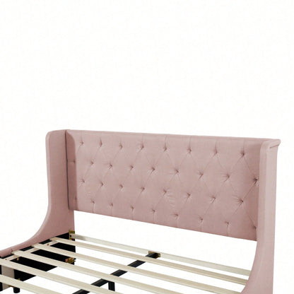 Polsterbett 140 x 200 cm, Doppelbett mit Lattenrost, Rückenlehne und großen Schubladen, Erwachsenen- und Jugenddoppelbett in Pro-Leinen-Stoff, Rosa