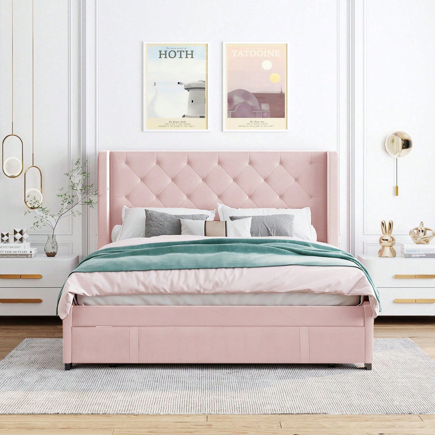 Polsterbett 140 x 200 cm, Doppelbett mit Lattenrost, Rückenlehne und großen Schubladen, Erwachsenen- und Jugenddoppelbett in Pro-Leinen-Stoff, Rosa