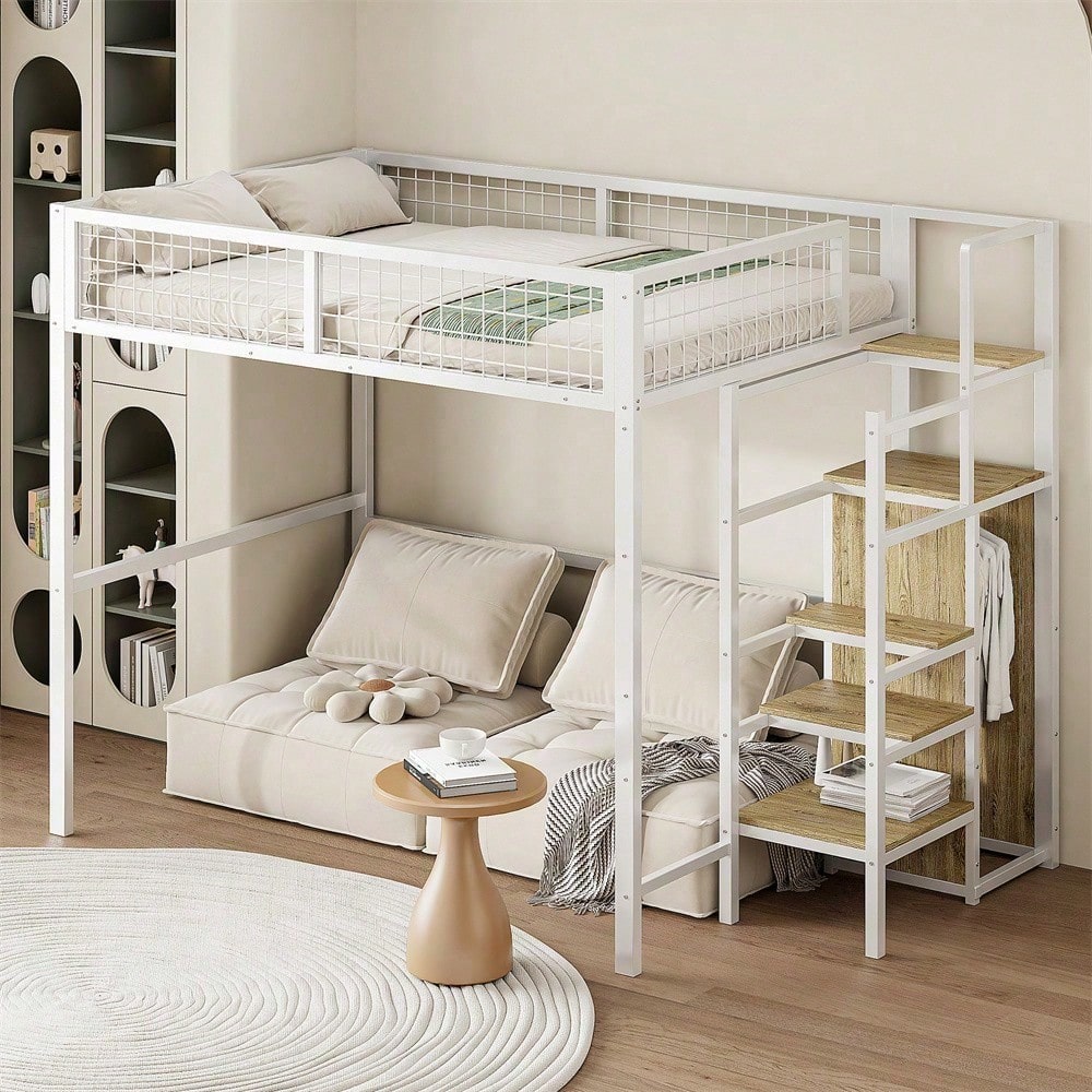 Hochbett 140*200 mit Leiter, Kinderbett mit Eisenrahmen und Aufbewahrungsregal, Kleiderschrank Weiß