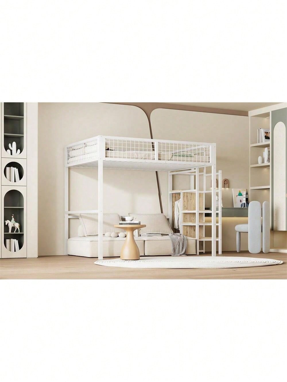 Hochbett 140*200 mit Leiter, Kinderbett mit Eisenrahmen und Aufbewahrungsregal, Kleiderschrank Weiß