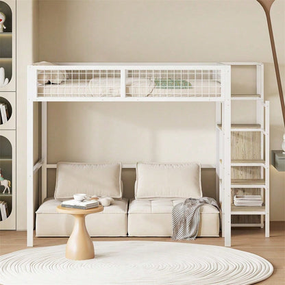 Hochbett 140*200 mit Leiter, Kinderbett mit Eisenrahmen und Aufbewahrungsregal, Kleiderschrank Weiß