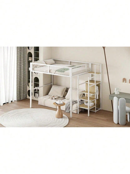 Hochbett 140*200 mit Leiter, Kinderbett mit Eisenrahmen und Aufbewahrungsregal, Kleiderschrank Weiß