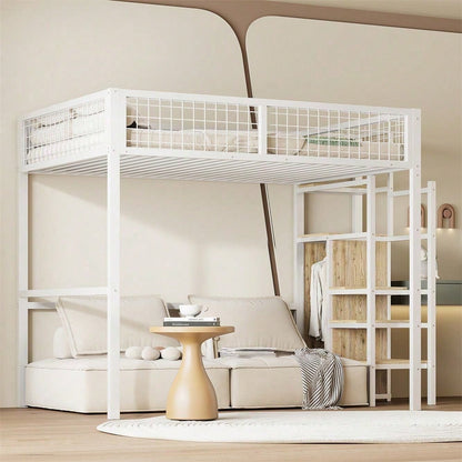 Hochbett 140*200 mit Leiter, Kinderbett mit Eisenrahmen und Aufbewahrungsregal, Kleiderschrank Weiß