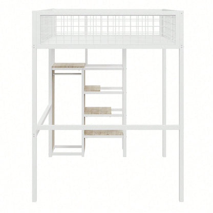 Hochbett 140*200 mit Leiter, Kinderbett mit Eisenrahmen und Aufbewahrungsregal, Kleiderschrank Weiß