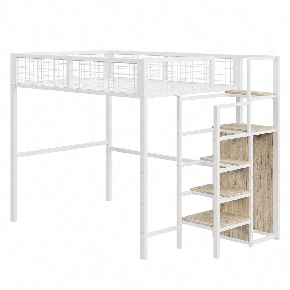 Hochbett 140*200 mit Leiter, Kinderbett mit Eisenrahmen und Aufbewahrungsregal, Kleiderschrank Weiß