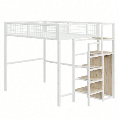 Hochbett 140*200 mit Leiter, Kinderbett mit Eisenrahmen und Aufbewahrungsregal, Kleiderschrank Weiß