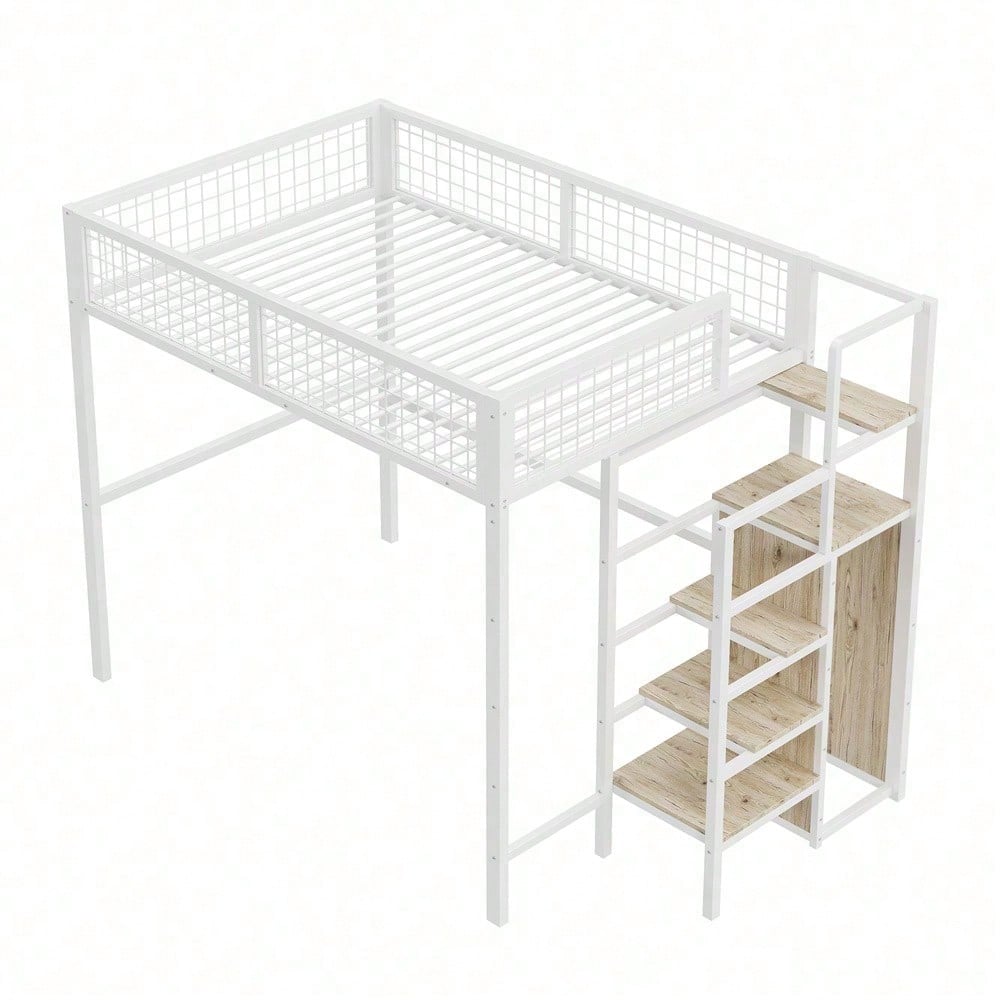 Hochbett 140*200 mit Leiter, Kinderbett mit Eisenrahmen und Aufbewahrungsregal, Kleiderschrank Weiß