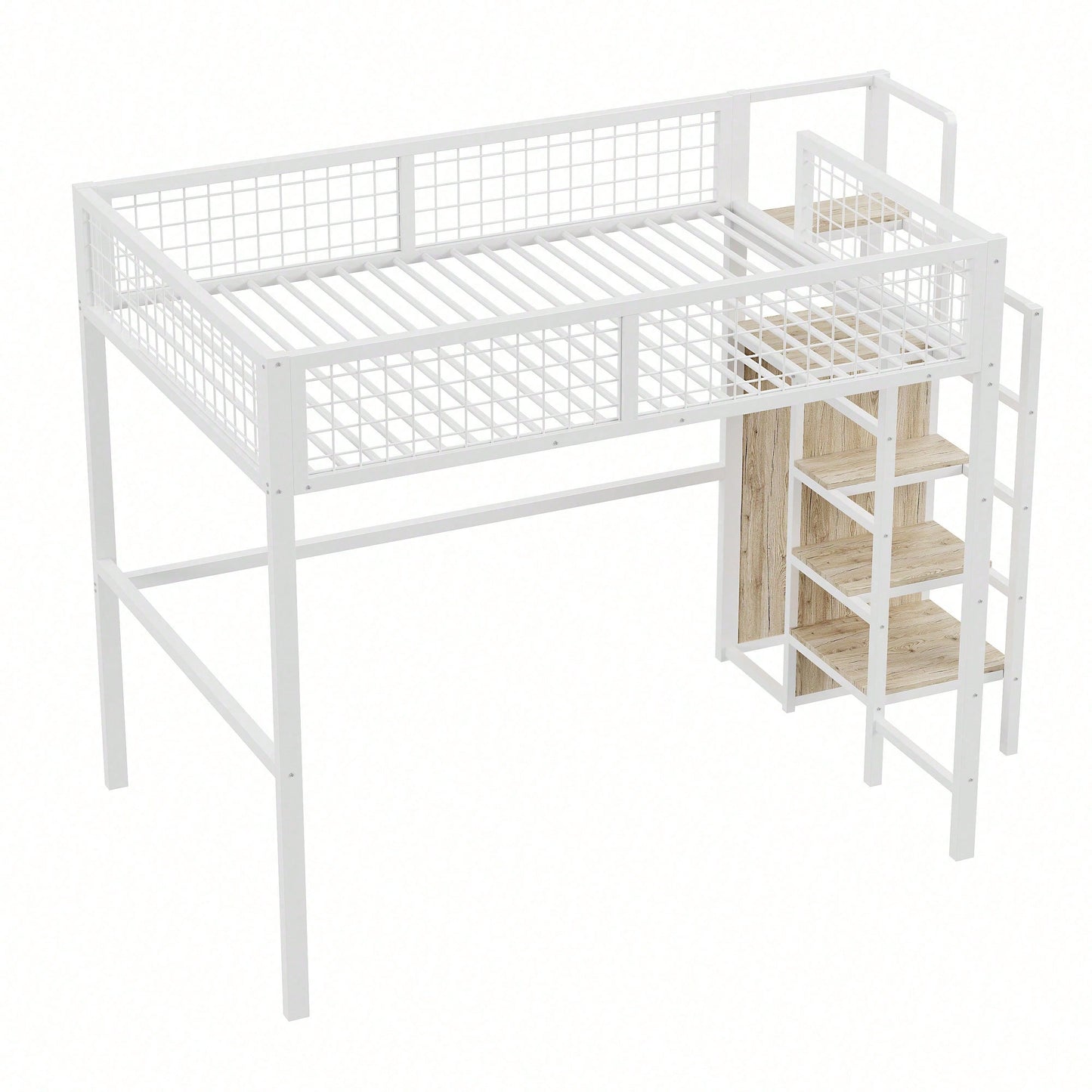 Hochbett 140*200 mit Leiter, Kinderbett mit Eisenrahmen und Aufbewahrungsregal, Kleiderschrank Weiß