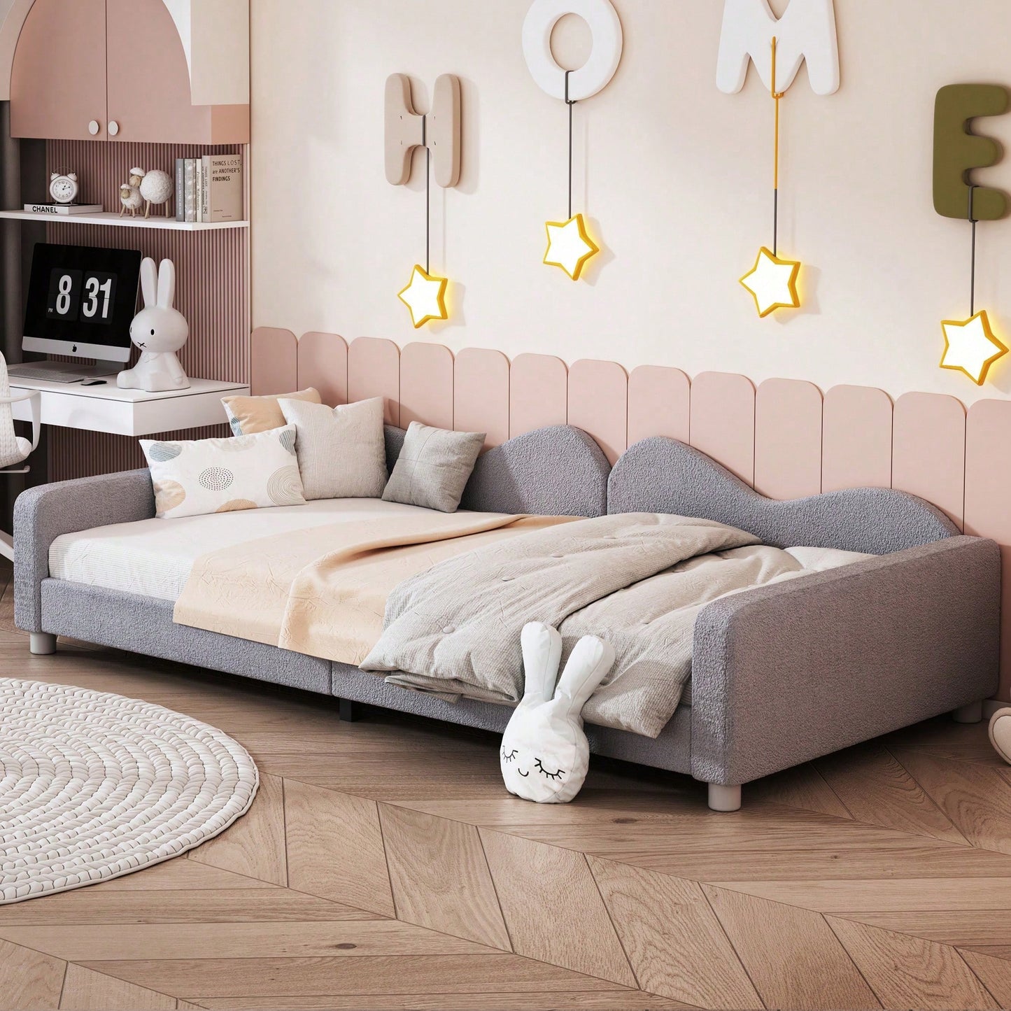 Kinderbett Polsterbett 90*200cm, Schlafsofa Bettgestell Teddystoff Multifunktionales weiches Bett mit Rückenlehne und Armlehnen Jugendbett Gästebett rosa
