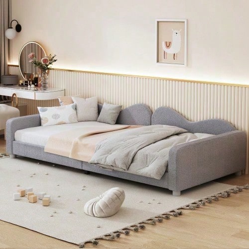 Kinderbett Polsterbett 90*200cm, Schlafsofa Bettgestell Teddystoff Multifunktionales weiches Bett mit Rückenlehne und Armlehnen Jugendbett Gästebett rosa