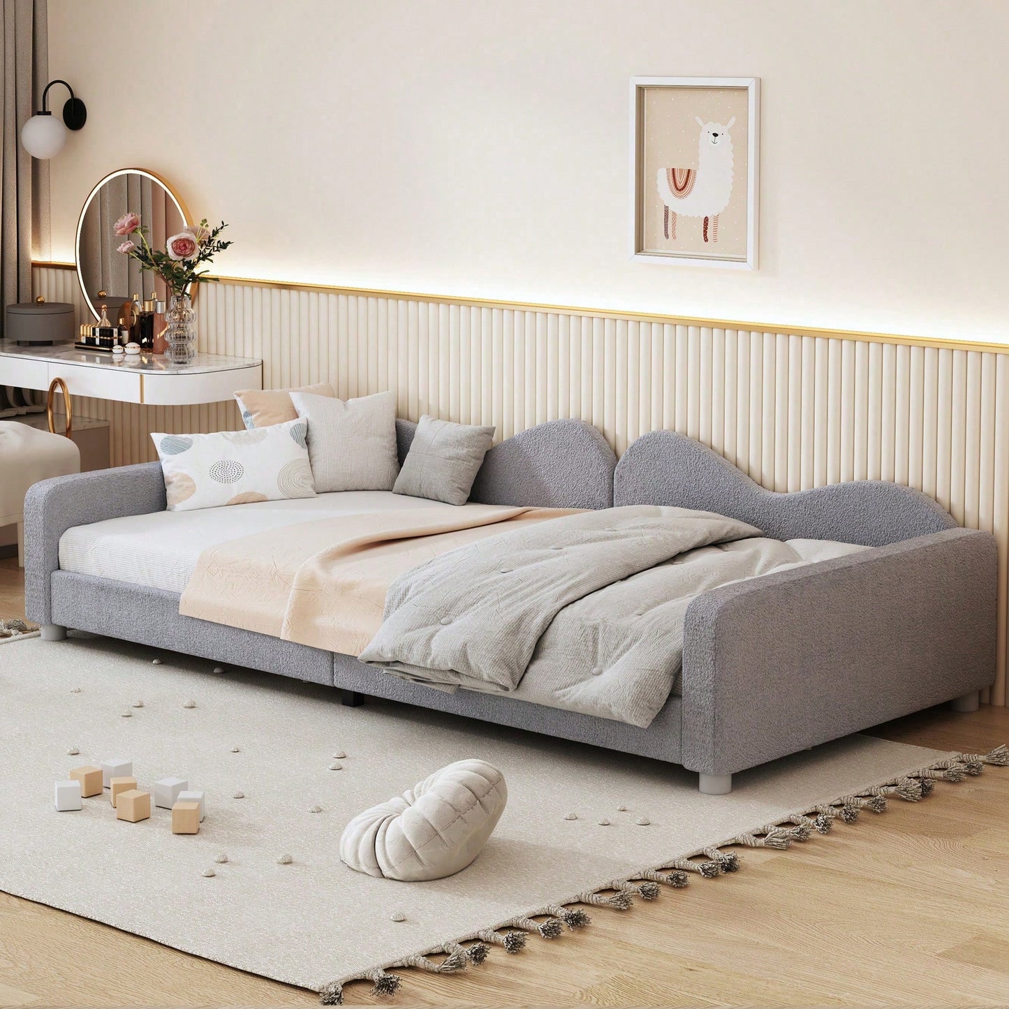 Kinderbett Polsterbett 90*200cm, Schlafsofa Bettgestell Teddystoff Multifunktionales weiches Bett mit Rückenlehne und Armlehnen Jugendbett Gästebett rosa