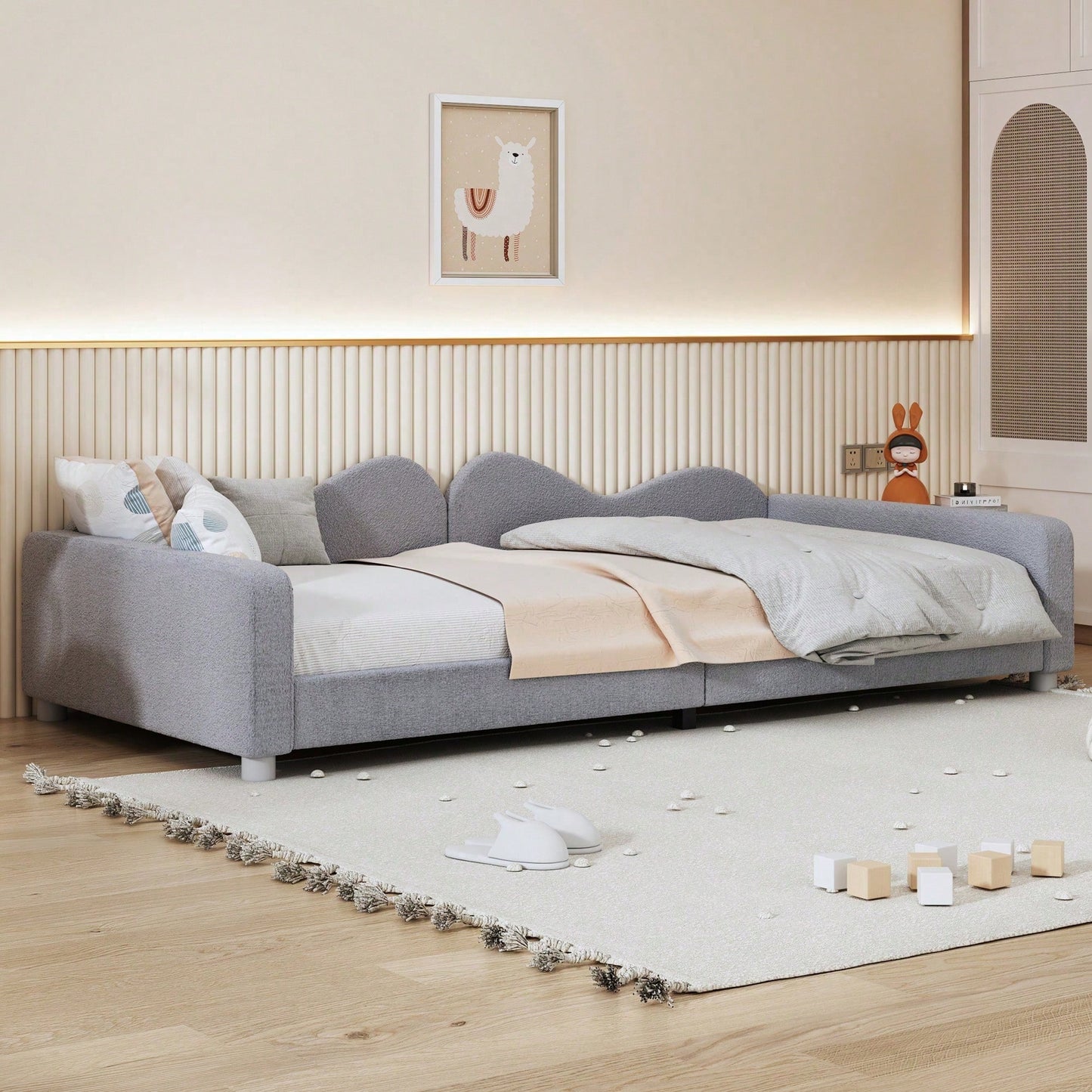 Kinderbett Polsterbett 90*200cm, Schlafsofa Bettgestell Teddystoff Multifunktionales weiches Bett mit Rückenlehne und Armlehnen Jugendbett Gästebett rosa