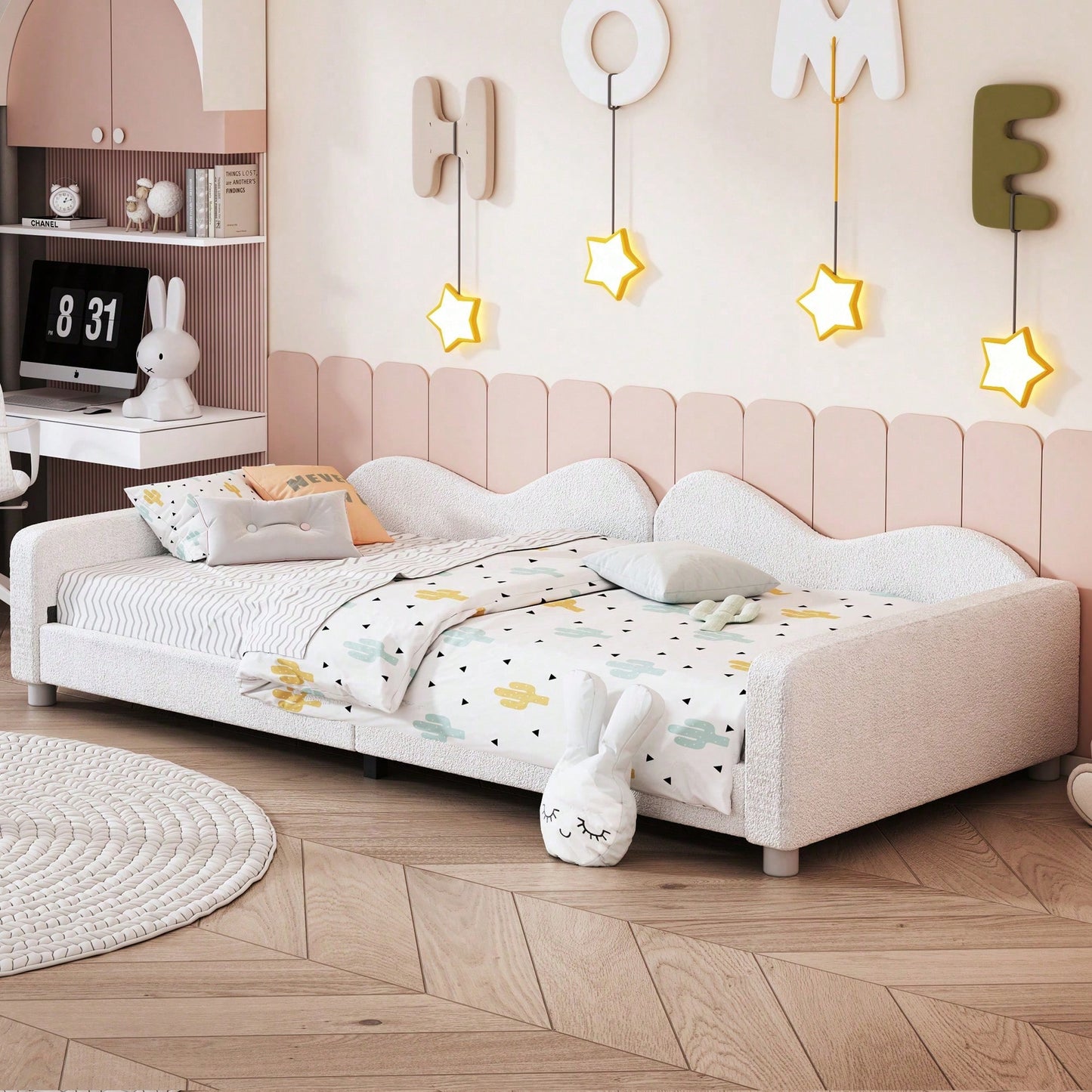 Kinderbett Polsterbett 90*200cm, Schlafsofa Bettgestell Teddystoff Multifunktionales weiches Bett mit Rückenlehne und Armlehnen Jugendbett Gästebett rosa