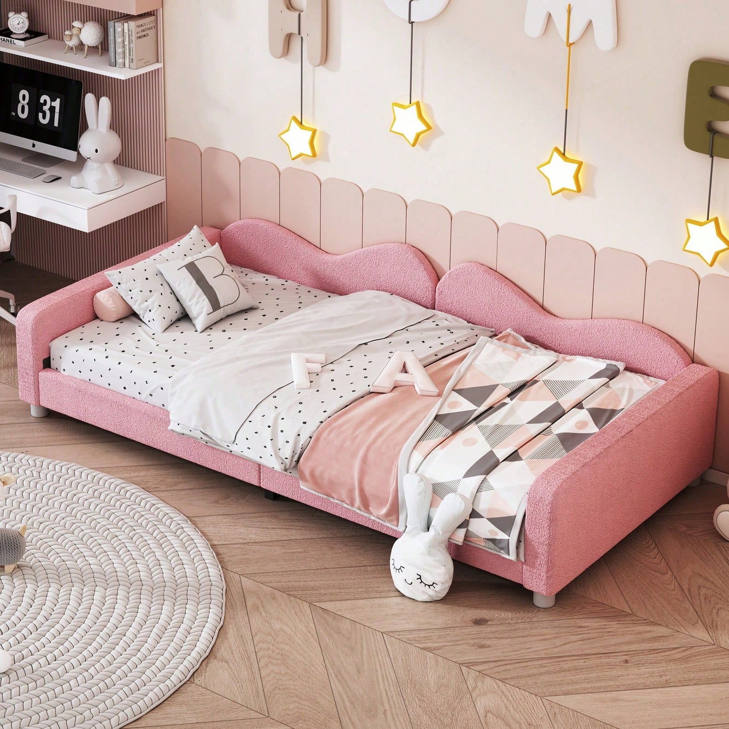 Kinderbett Polsterbett 90*200cm, Schlafsofa Bettgestell Teddystoff Multifunktionales weiches Bett mit Rückenlehne und Armlehnen Jugendbett Gästebett rosa