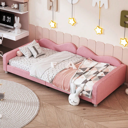 Kinderbett Polsterbett 90*200cm, Schlafsofa Bettgestell Teddystoff Multifunktionales weiches Bett mit Rückenlehne und Armlehnen Jugendbett Gästebett rosa
