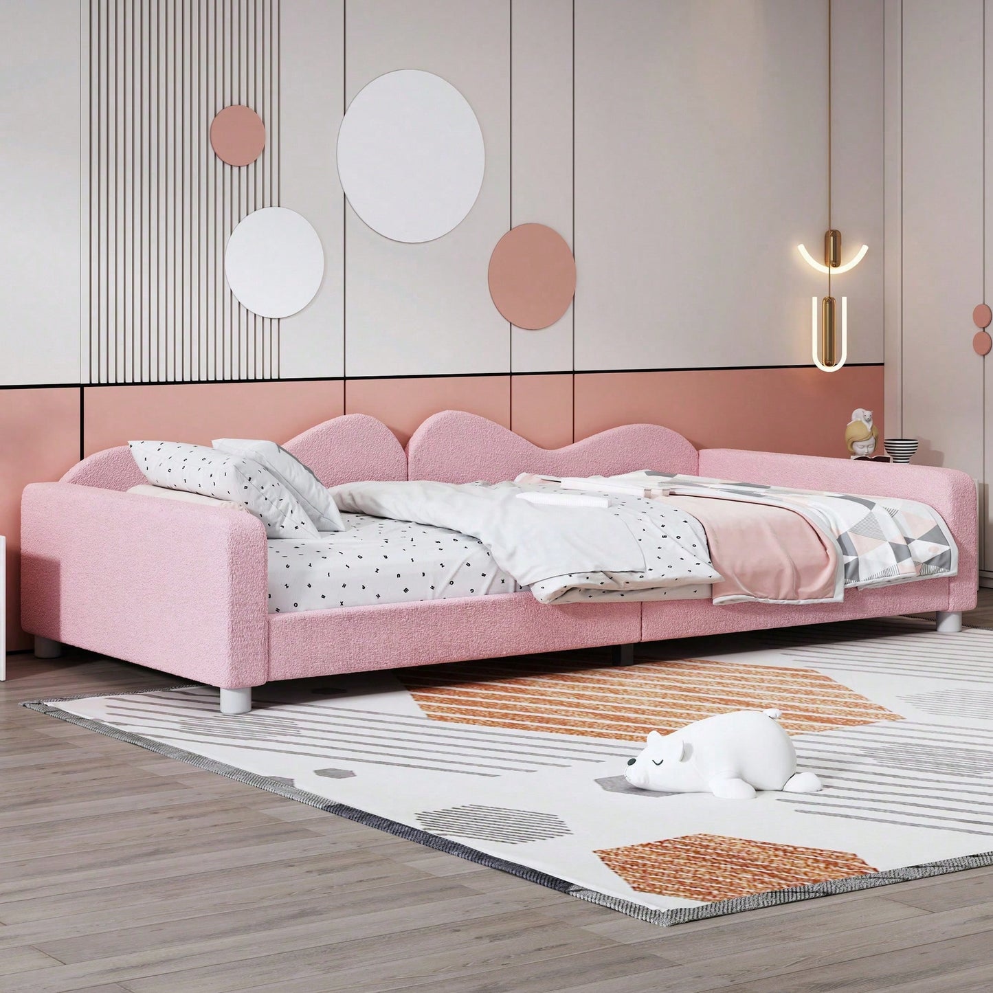 Kinderbett Polsterbett 90*200cm, Schlafsofa Bettgestell Teddystoff Multifunktionales weiches Bett mit Rückenlehne und Armlehnen Jugendbett Gästebett rosa