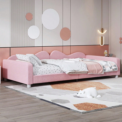 Kinderbett Polsterbett 90*200cm, Schlafsofa Bettgestell Teddystoff Multifunktionales weiches Bett mit Rückenlehne und Armlehnen Jugendbett Gästebett rosa