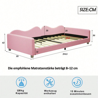 Kinderbett Polsterbett 90*200cm, Schlafsofa Bettgestell Teddystoff Multifunktionales weiches Bett mit Rückenlehne und Armlehnen Jugendbett Gästebett rosa