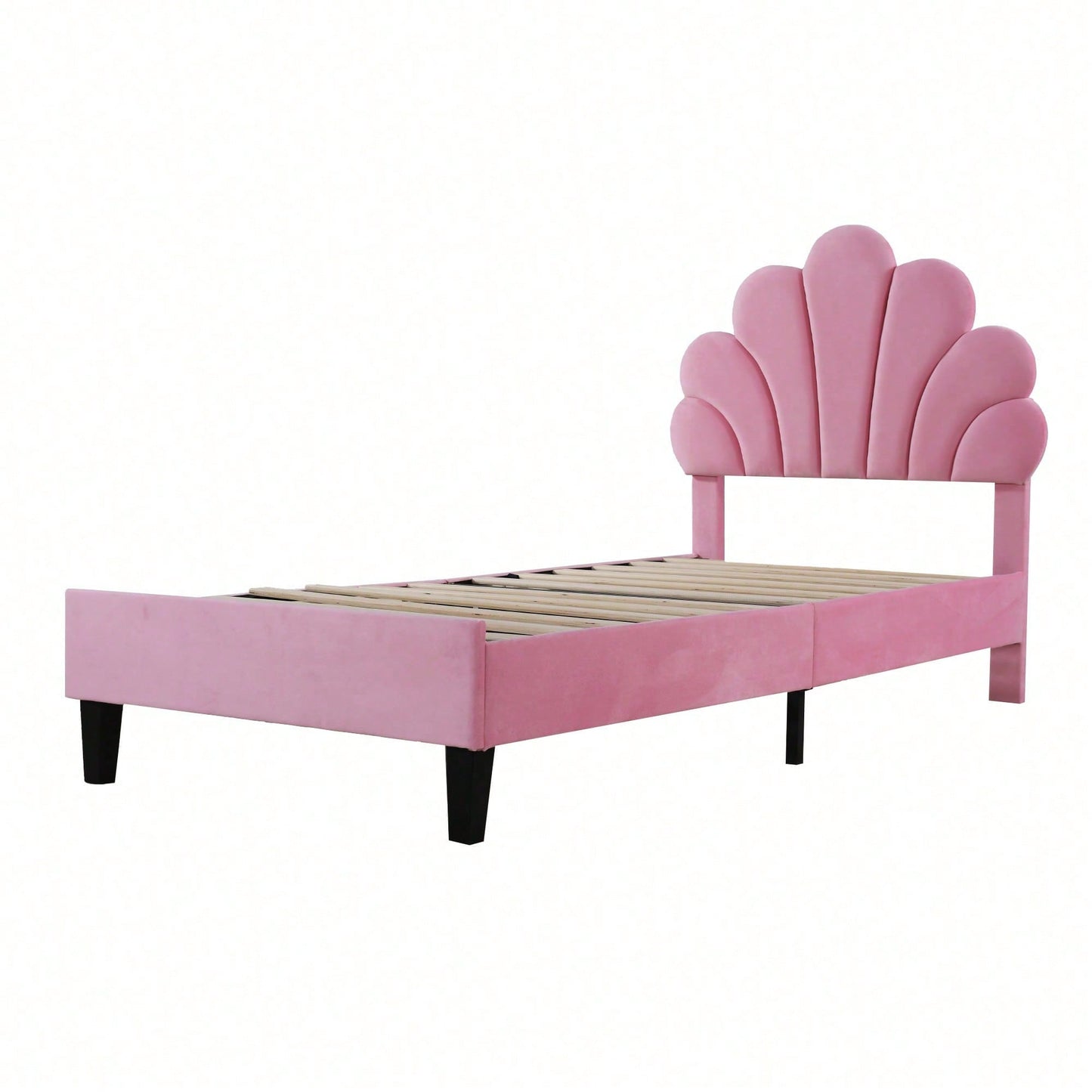 Polsterbett Kinderbett 90 x 200 cm, Bettgestell mit Kopfteil in Blumenform und Lattenrost, Teenie-Mädchenbett in hautfreundlichem Samtstoff, Gästebett (Farbe: Beige)