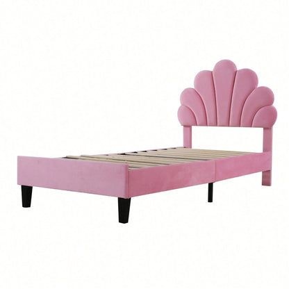 Polsterbett Kinderbett 90 x 200 cm, Bettgestell mit Kopfteil in Blumenform und Lattenrost, Teenie-Mädchenbett in hautfreundlichem Samtstoff, Gästebett (Farbe: Beige)