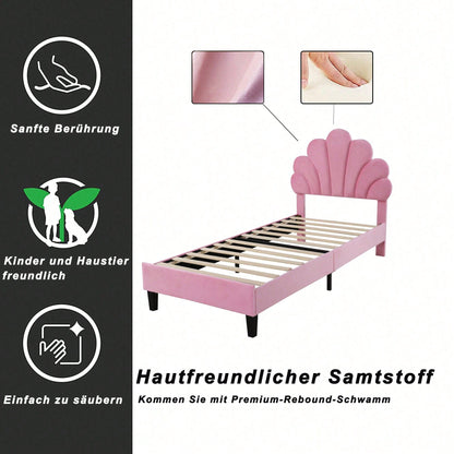 Polsterbett Kinderbett 90 x 200 cm, Bettgestell mit Kopfteil in Blumenform und Lattenrost, Teenie-Mädchenbett in hautfreundlichem Samtstoff, Gästebett (Farbe: Beige)