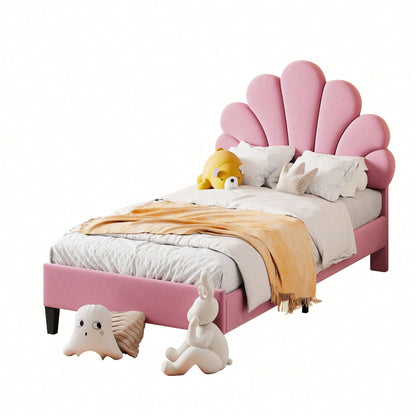 Polsterbett Kinderbett 90 x 200 cm, Bettgestell mit Kopfteil in Blumenform und Lattenrost, Teenie-Mädchenbett in hautfreundlichem Samtstoff, Gästebett (Farbe: Beige)