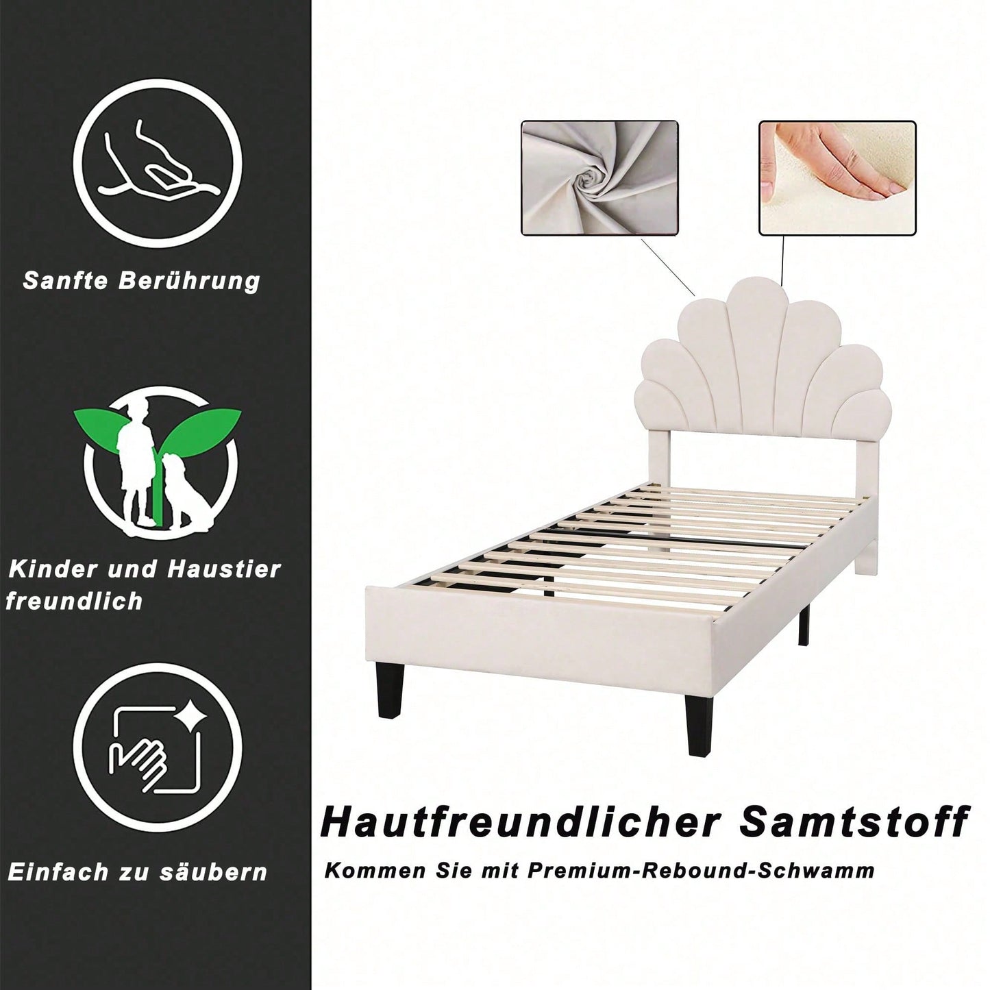 Polsterbett Kinderbett 90 x 200 cm, Bettgestell mit Kopfteil in Blumenform und Lattenrost, Teenie-Mädchenbett in hautfreundlichem Samtstoff, Gästebett (Farbe: Beige)