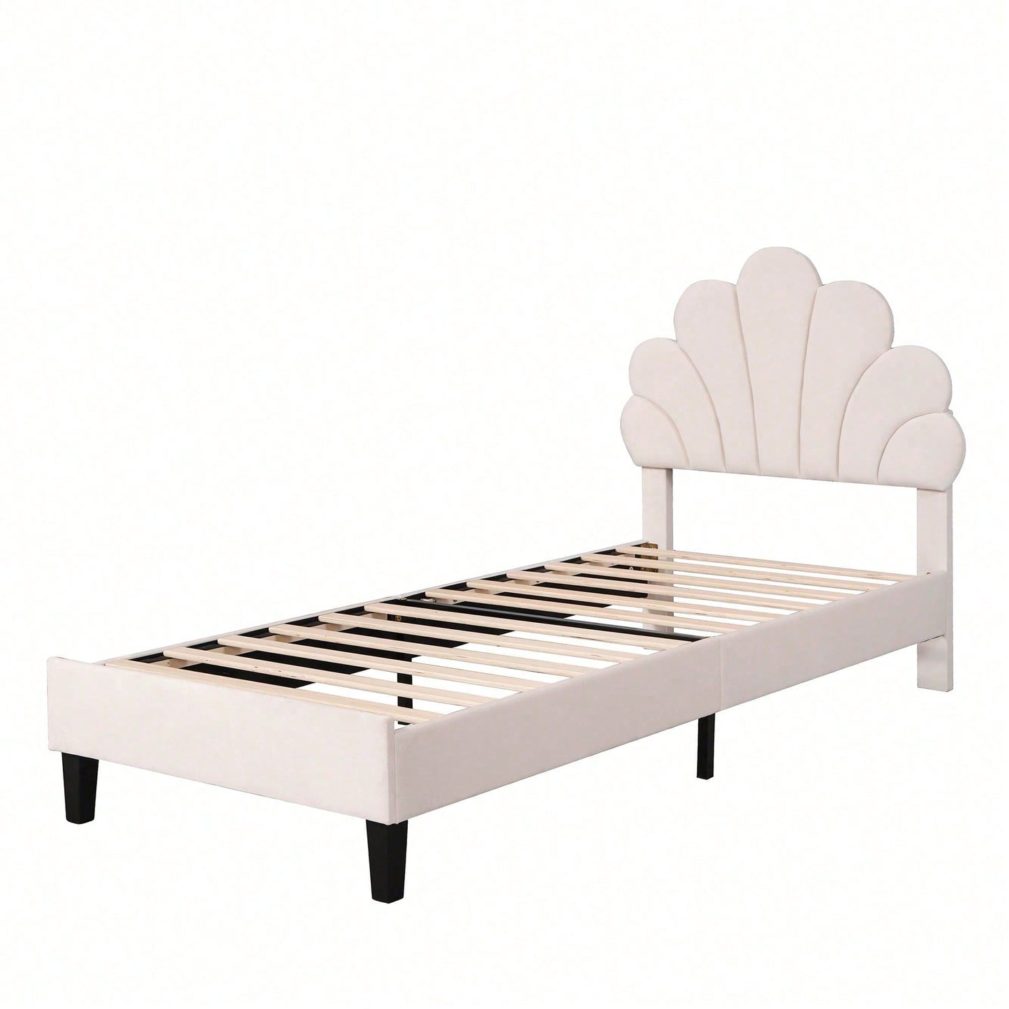Polsterbett Kinderbett 90 x 200 cm, Bettgestell mit Kopfteil in Blumenform und Lattenrost, Teenie-Mädchenbett in hautfreundlichem Samtstoff, Gästebett (Farbe: Beige)