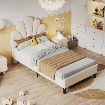 Polsterbett Kinderbett 90 x 200 cm, Bettgestell mit Kopfteil in Blumenform und Lattenrost, Teenie-Mädchenbett in hautfreundlichem Samtstoff, Gästebett (Farbe: Beige)