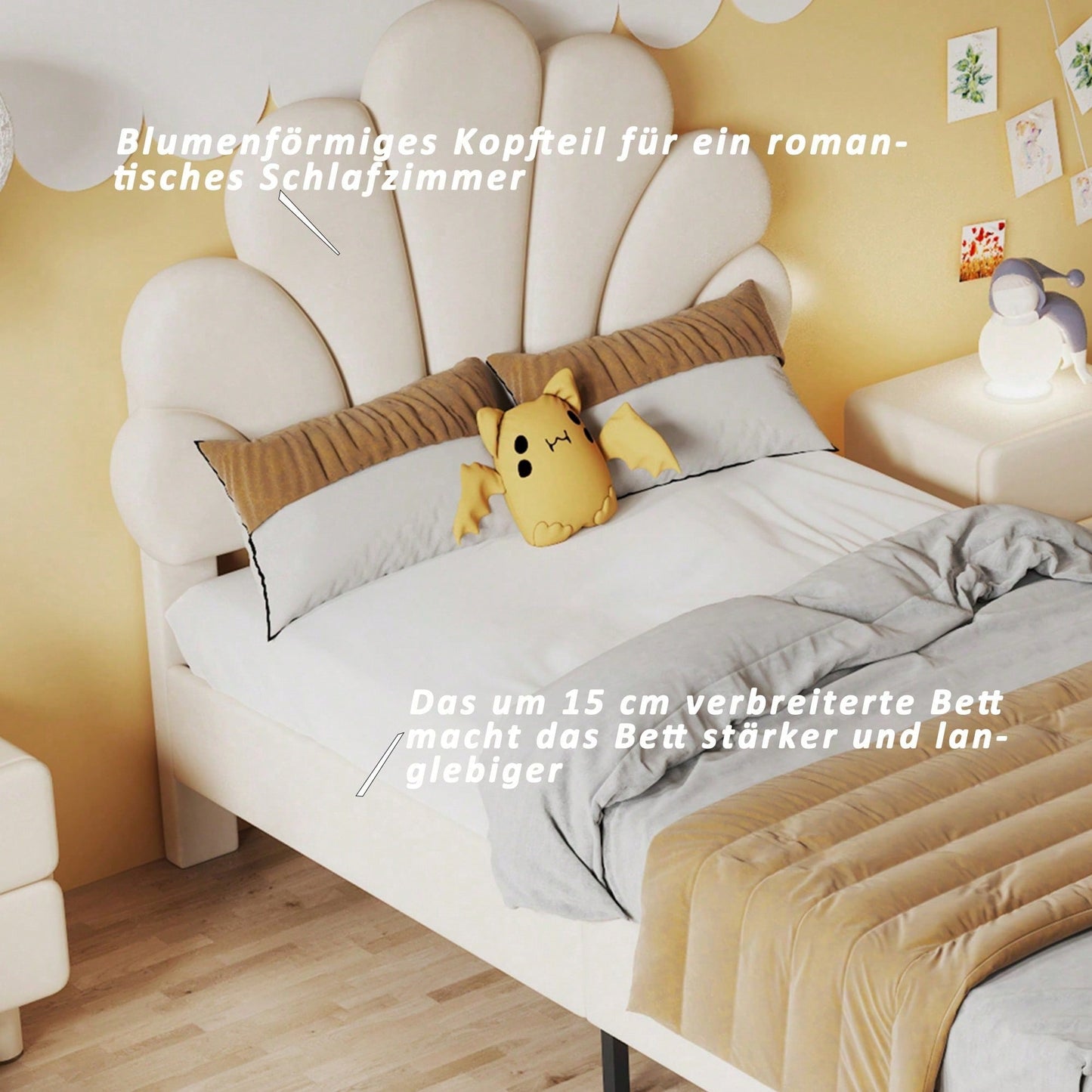 Polsterbett Kinderbett 90 x 200 cm, Bettgestell mit Kopfteil in Blumenform und Lattenrost, Teenie-Mädchenbett in hautfreundlichem Samtstoff, Gästebett (Farbe: Beige)