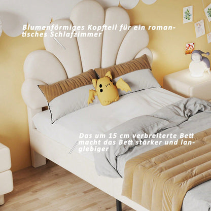 Polsterbett Kinderbett 90 x 200 cm, Bettgestell mit Kopfteil in Blumenform und Lattenrost, Teenie-Mädchenbett in hautfreundlichem Samtstoff, Gästebett (Farbe: Beige)