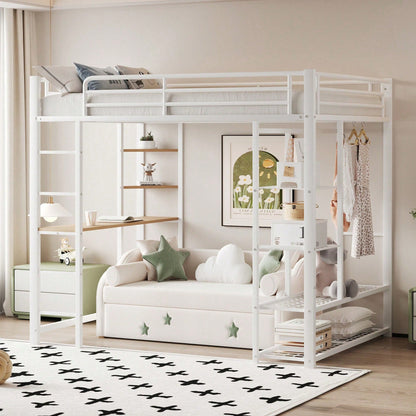 Hochbett mit Leiter 90*200cm , Einzelbett Kinderbett mit Tisch mit einfacher Aufhängung mit Ablagefächern, Weiß