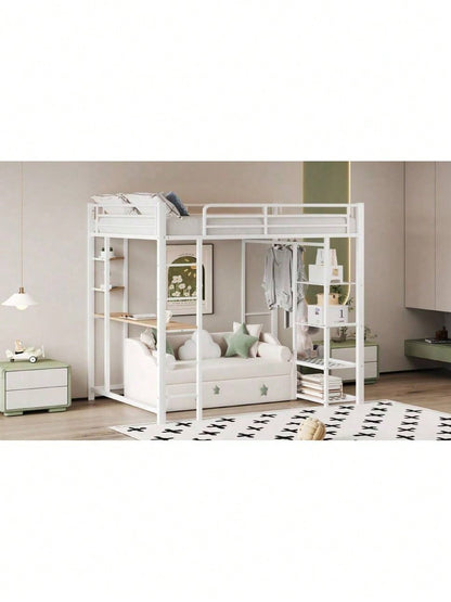 Hochbett mit Leiter 90*200cm , Einzelbett Kinderbett mit Tisch mit einfacher Aufhängung mit Ablagefächern, Weiß