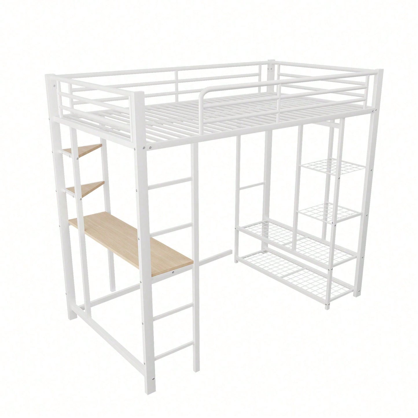 Hochbett mit Leiter 90*200cm , Einzelbett Kinderbett mit Tisch mit einfacher Aufhängung mit Ablagefächern, Weiß