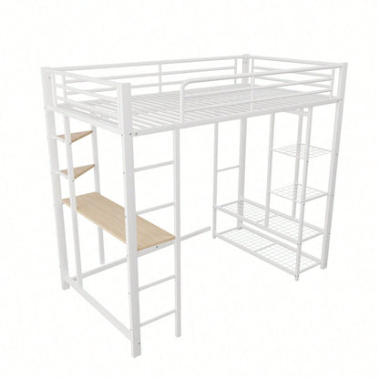 Hochbett mit Leiter 90*200cm , Einzelbett Kinderbett mit Tisch mit einfacher Aufhängung mit Ablagefächern, Weiß