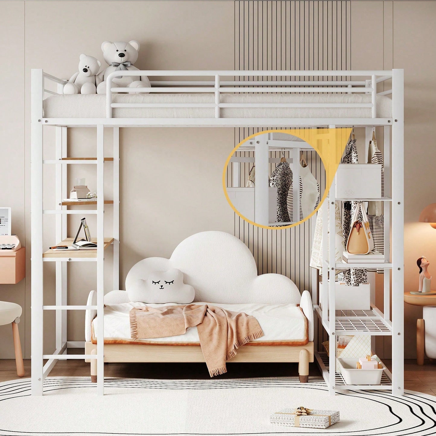 Hochbett mit Leiter 90*200cm , Einzelbett Kinderbett mit Tisch mit einfacher Aufhängung mit Ablagefächern, Weiß