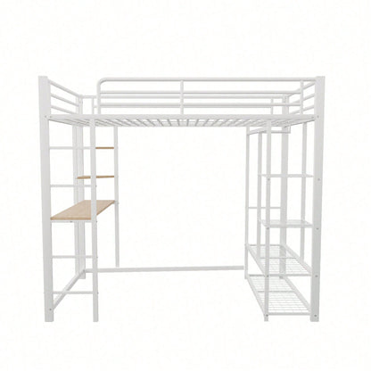 Hochbett mit Leiter 90*200cm , Einzelbett Kinderbett mit Tisch mit einfacher Aufhängung mit Ablagefächern, Weiß
