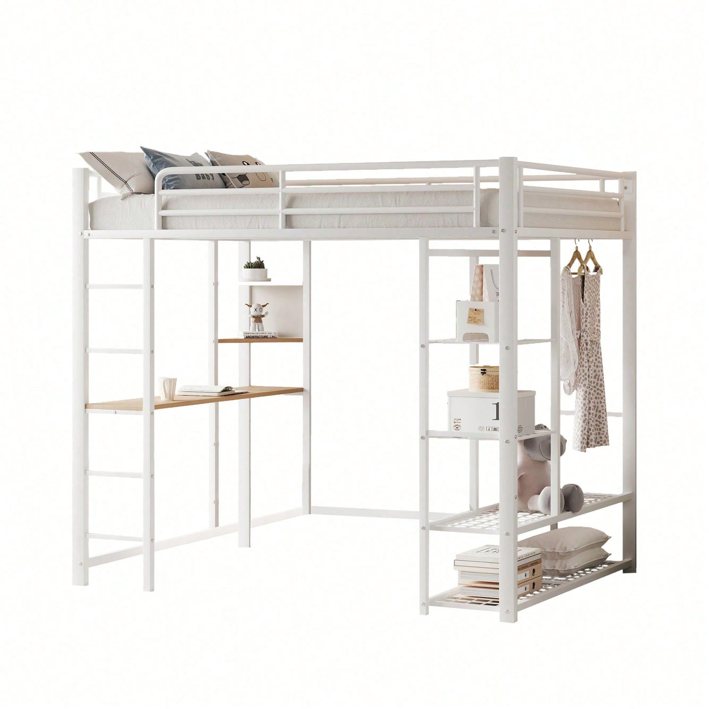 Hochbett mit Leiter 90*200cm , Einzelbett Kinderbett mit Tisch mit einfacher Aufhängung mit Ablagefächern, Weiß