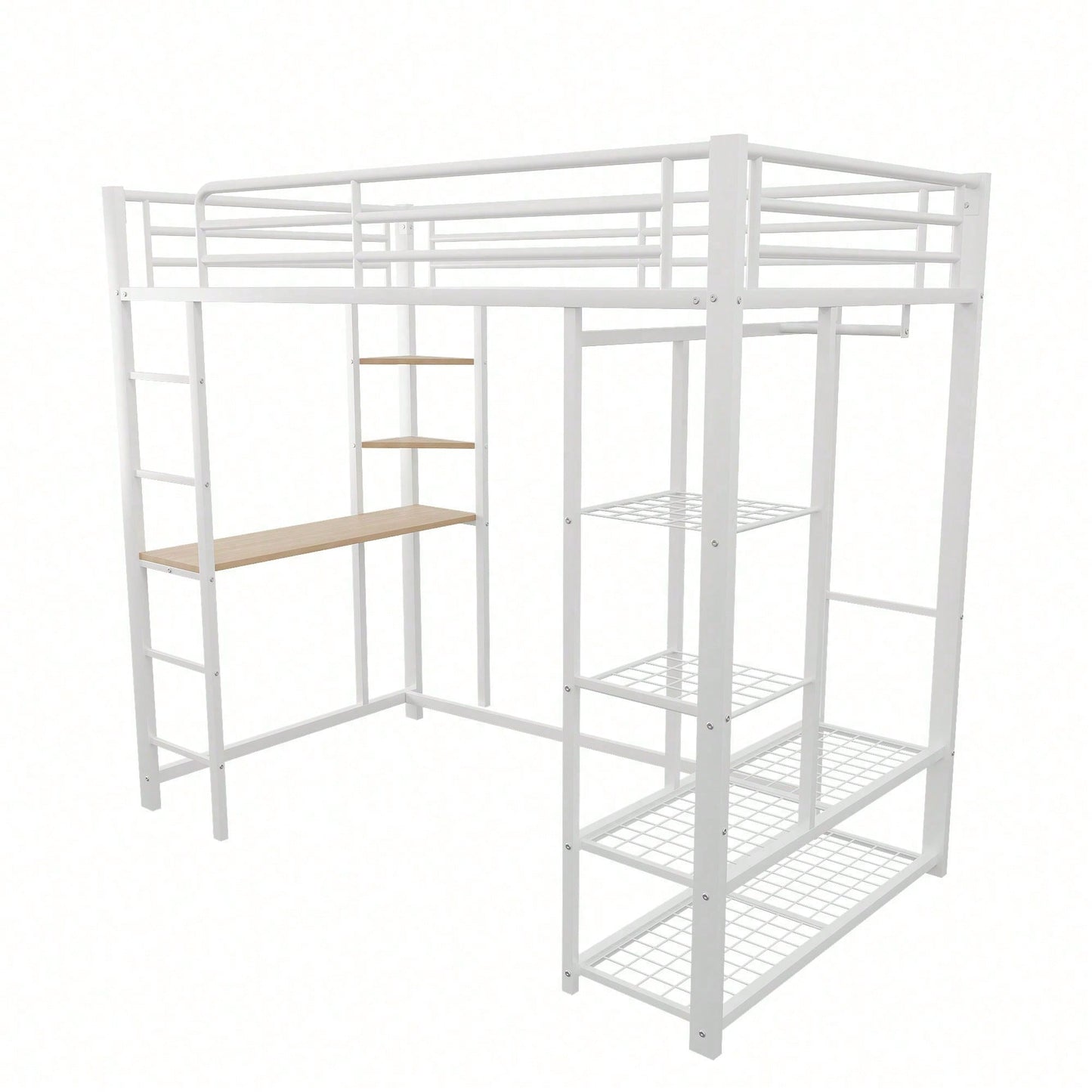 Hochbett mit Leiter 90*200cm , Einzelbett Kinderbett mit Tisch mit einfacher Aufhängung mit Ablagefächern, Weiß