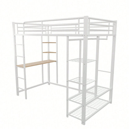 Hochbett mit Leiter 90*200cm , Einzelbett Kinderbett mit Tisch mit einfacher Aufhängung mit Ablagefächern, Weiß