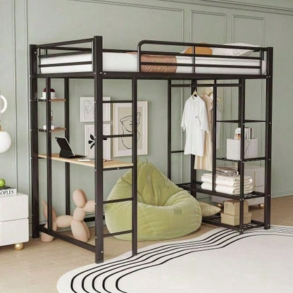 Hochbett mit Leiter 90*200cm , Einzelbett Kinderbett mit Tisch mit einfacher Aufhängung mit Ablagefächern, Weiß