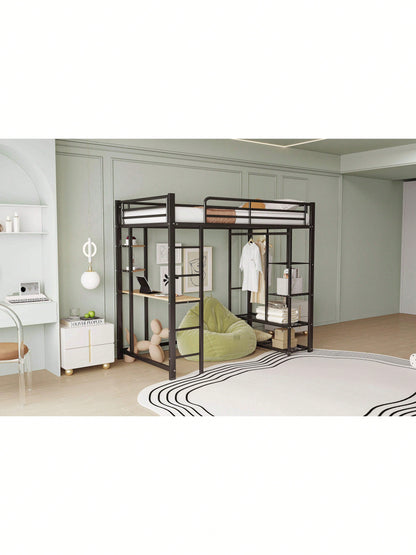 Hochbett mit Leiter 90*200cm , Einzelbett Kinderbett mit Tisch mit einfacher Aufhängung mit Ablagefächern, Weiß