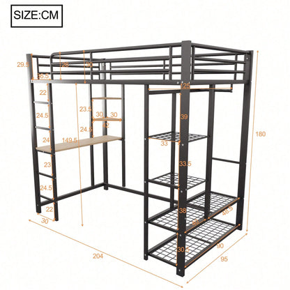 Hochbett mit Leiter 90*200cm , Einzelbett Kinderbett mit Tisch mit einfacher Aufhängung mit Ablagefächern, Weiß