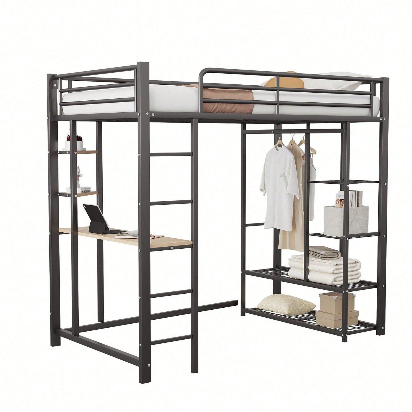 Hochbett mit Leiter 90*200cm , Einzelbett Kinderbett mit Tisch mit einfacher Aufhängung mit Ablagefächern, Weiß